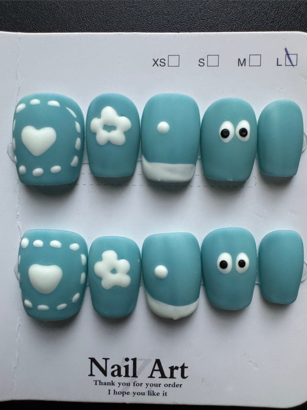 Blue Marte Cute Accent Press-On Nails with White Details